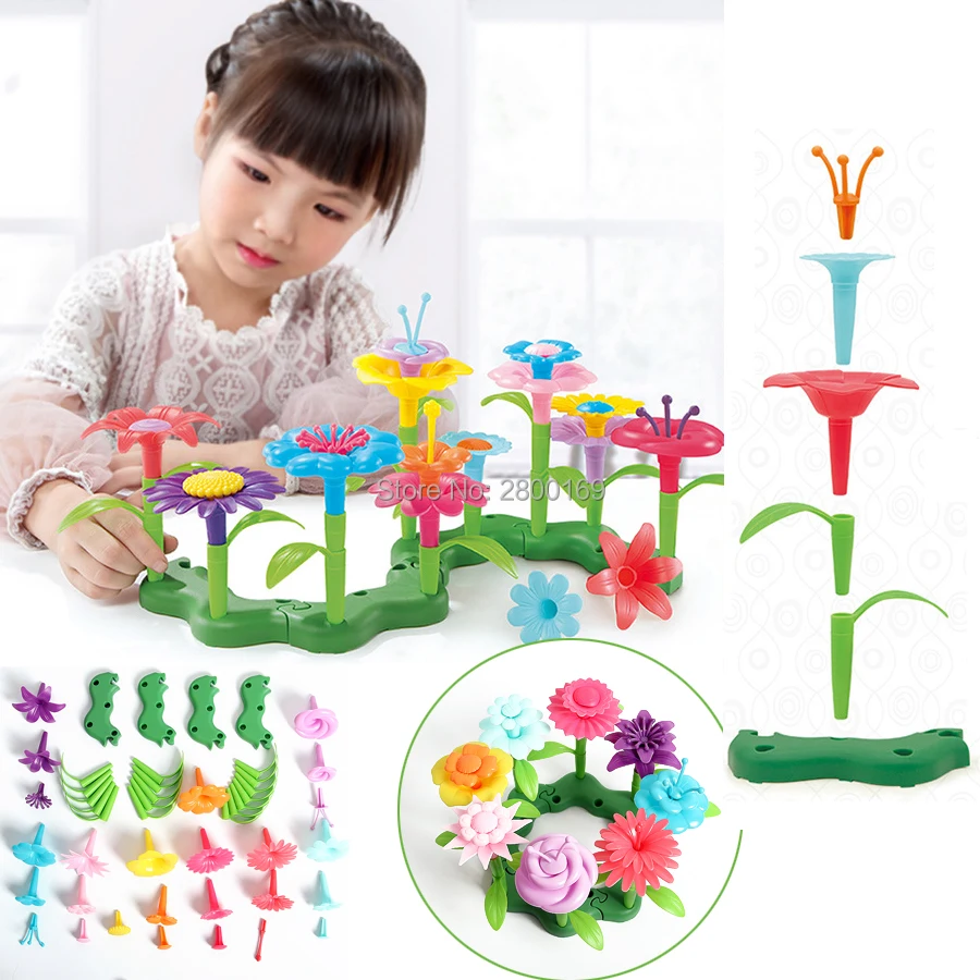 

DIY Flower arrangement Art Playset 46 Piece Set Build A Bouquet with 11 Gentle colors,29 Garden Modules Pretend Play Toys