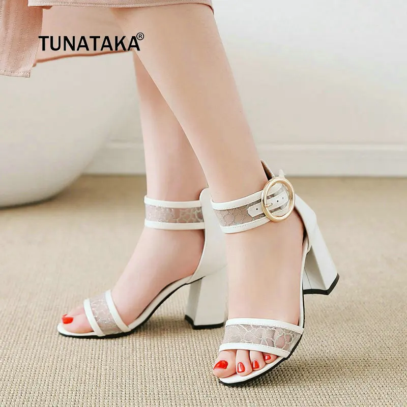 

Women Summer High Heels Sandals Fashion Buckle Open Toe Square Heel Dress Shoes Women 2019 New Black Blue White