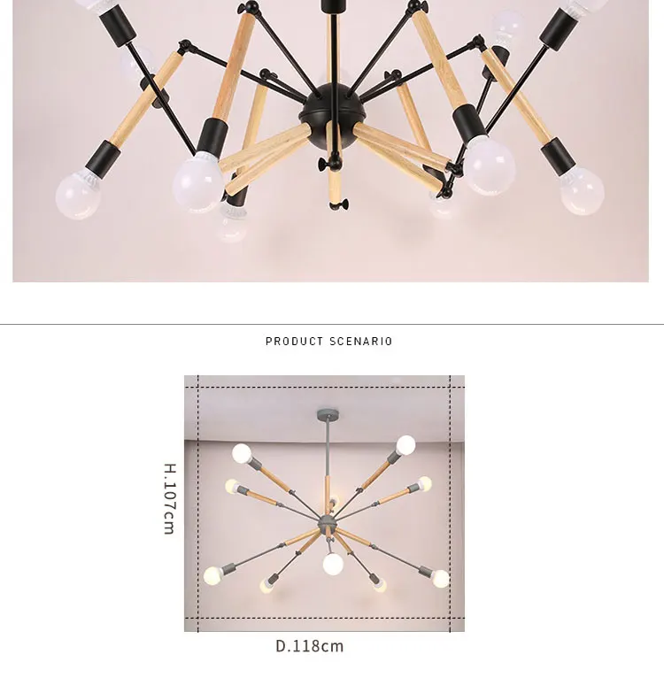 Светодиодный светильник в скандинавском стиле, люстра из дерева для гостиной, домашний декор, черный и белый цвет, 6, 10, 12 цветов, лампа для ресторана, светильник E27, без тени