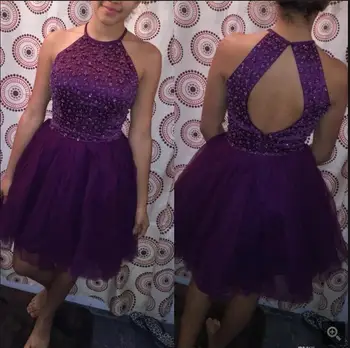 

New arrival little Purple Short petite Prom Dresses Knee Length Open Back Beaded Tull Sexy prom gowns informal prom dress 2017