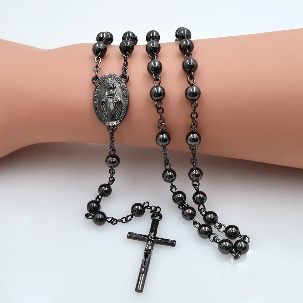 Мужская и женская религиозная дественница ожерелье Mary Gun Black Rosary 6 мм|rosary necklace|virgin