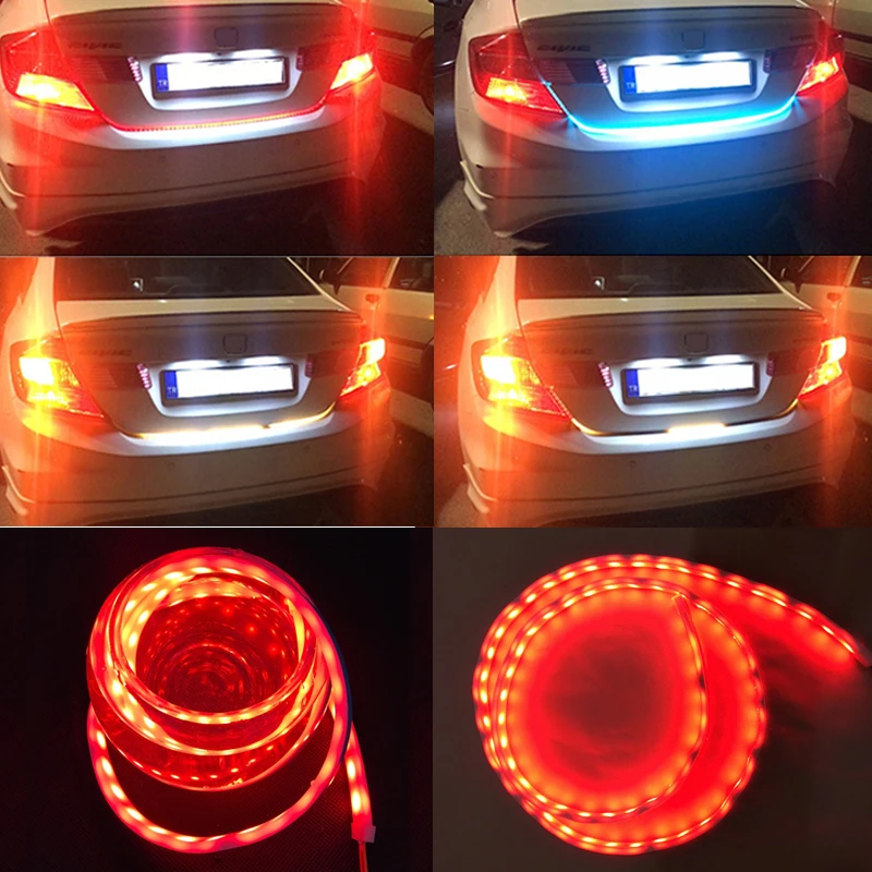 

Ice Blue White Red Yellow 4-Color Dynamic Stream Trunk Strip Flow Lights For Reverse Brake Side Turn Signal DRL Lights Bar