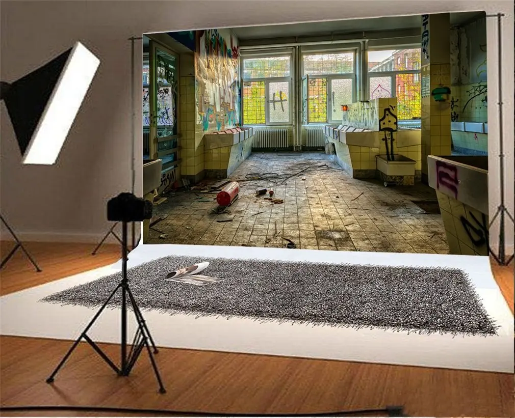 

Photography Backdrop Ruined Room Graffiti Hand Paint Mural Artistic Grunge Brick Floor Vintage Window Photo Background