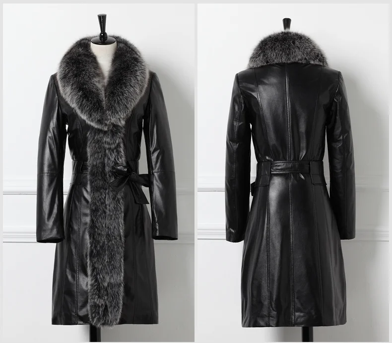 Большой размер 5XL зимний женский пуховик из лисьего меха Высококачественная тонкая черная темпераментная Длинная кожаная куртка теплая верхняя одежда