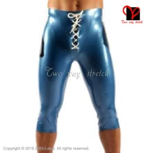 Синие с белыми полосками латексные длинные гетры Боксеры Шорты шнуровка спереди резиновая Hotpants KZ-147