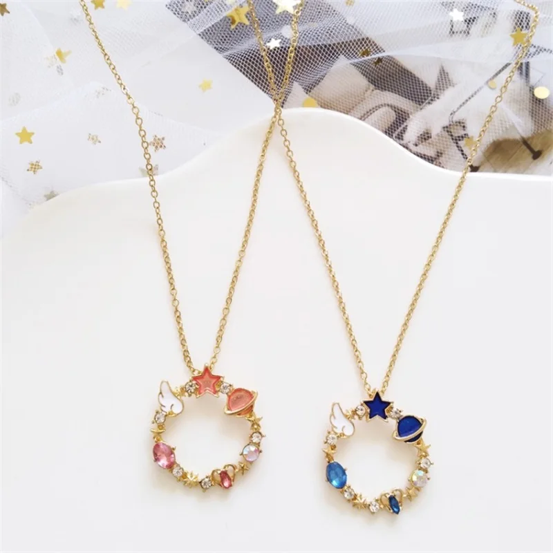 

2019 Japanese Cartoon pink planet star wings necklace fashion round garland pendant for women girl clavicle chain jewelry gifts