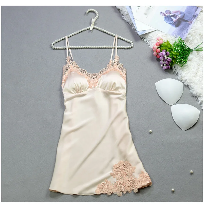 Sexy Silk Lace Sleepwear Dress Women Summer Solid Satin Nightgown Spaghetti Strap Sleeveless Nightwear Lingerie Sexy Night dress (5)
