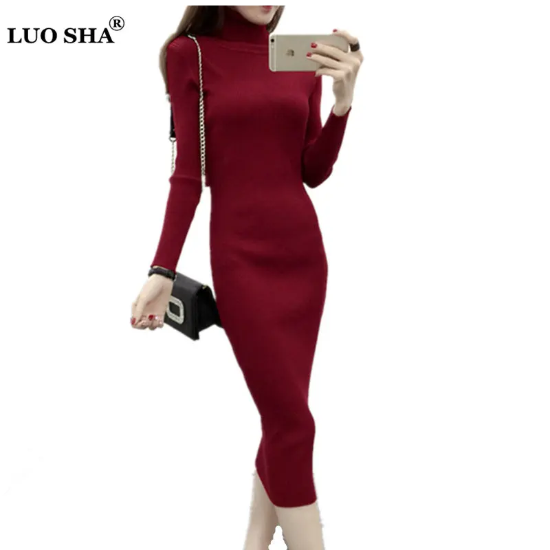 

LUOSHA Women Autumn Winter Turtleneck Long Sweater Dress Women Warm Striped Slim Straight Knitted Dress Winter Elegant Vestidos