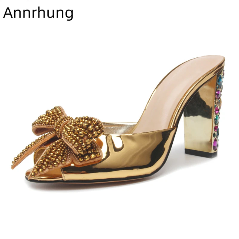 

Luxury Beading Butterfly-Knot Slippers Shoes Woman Patent Leather Colourful Rhinestone High Heels Fashion Runway Slides De Mujer
