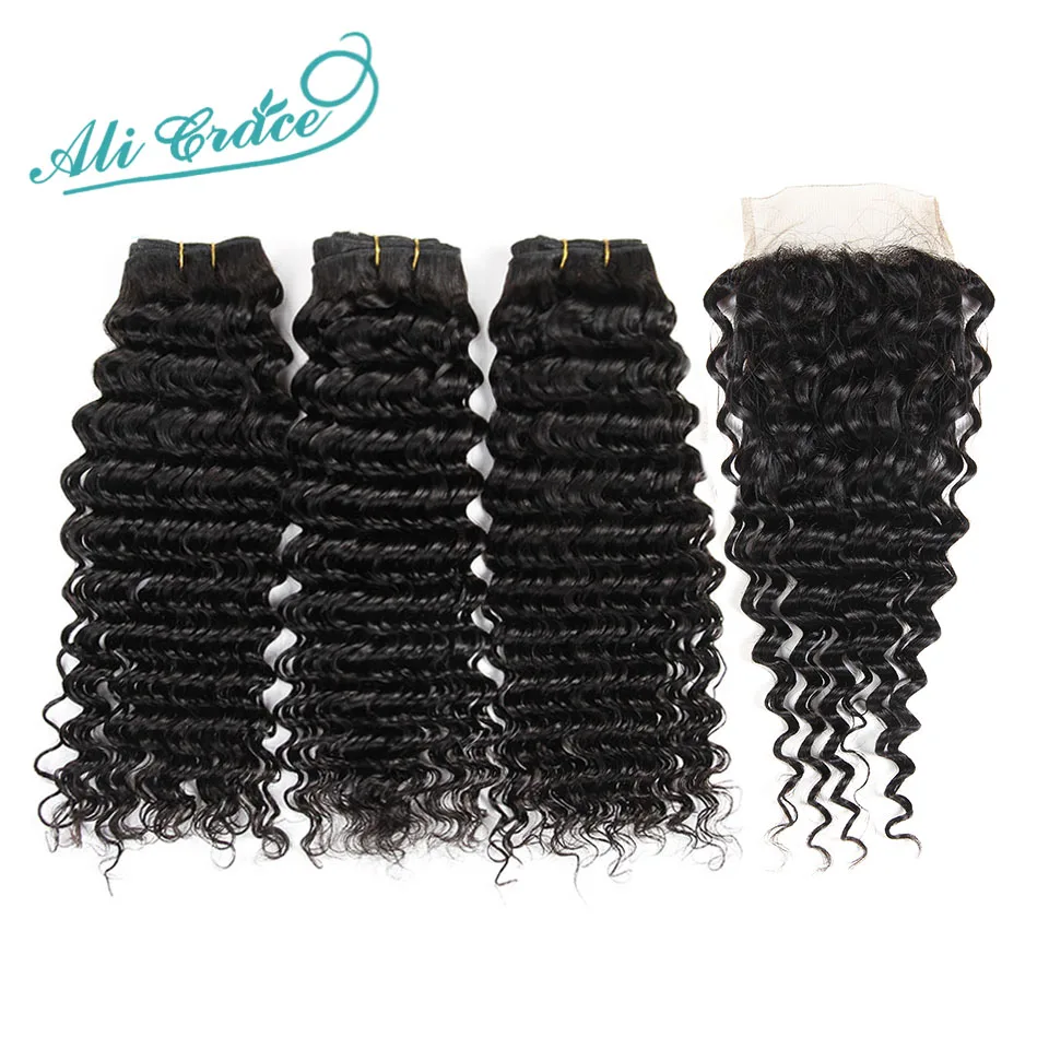 

Ali Grace Hair Brazilian Deep Wave 3 Bundles with 4*4 Free Middle Part Lace Closure 100% Remy Human Hair Natural Color