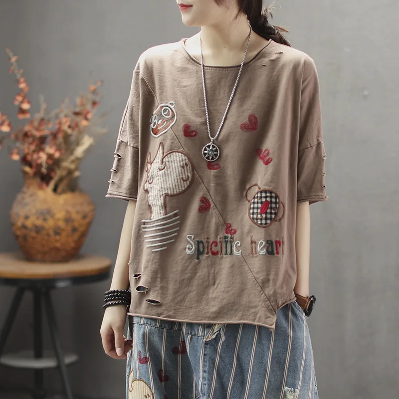 

Spring Summer T-shirt Women Retro Loose Pullovers Casual Tops O-Neck Short Sleeve Embroidery Pattern New Ladies Cute T-shirt