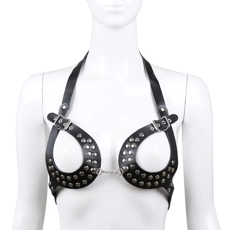 

Sexy Women Breast Gothic Lolita Handmade Leather Bra Corsets Body Bondage Chest Caged Rivets Harness Belts