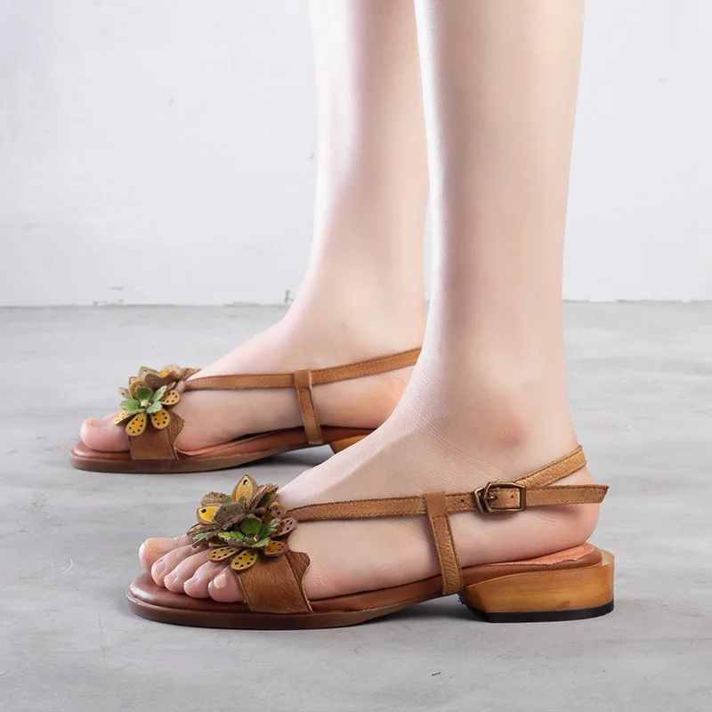 

2019 Summer Shoes New Ethnic Flowers Retro High Quality of Handmade Full Genuine Leather Sandals Women