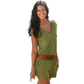 Women's V Neck Mini Playsuit Ladies Jumpsuit Summer Party Shorts Beach Woman Short Bodysuits ZY