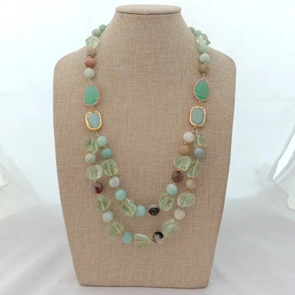 

25" 2 Rows Green Crystal Rough Amaznite Necklace CZ Pave Connector