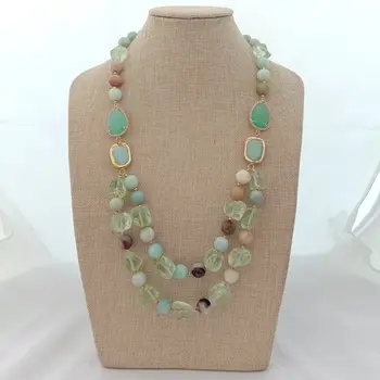 

25" 2 Rows Green Crystal Rough Amaznite Necklace CZ Pave Connector