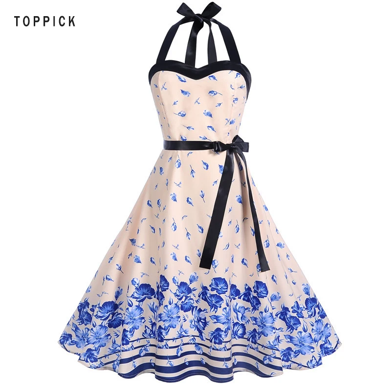 

Women Bohemian Dress Fashion Floral Print Vintage Party Dress Backless Vintage 50s 60s Pin Up Rockabilly Robe Elegant Midi Dress