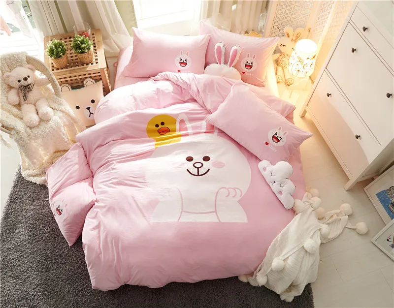 Cartoon rabbit Fleece fabric Luxury Bedding Set pink Bed Set Twin Queen