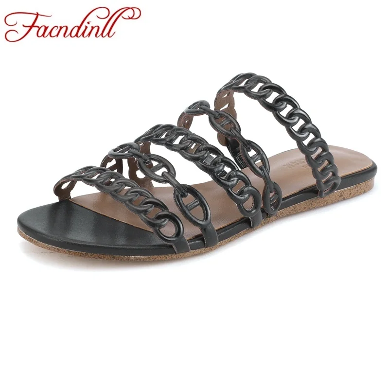 

FACNDINLL brand women shoes sexy genuine leather flats heels summer fashion dress casual sandals shoes black apricot multi color