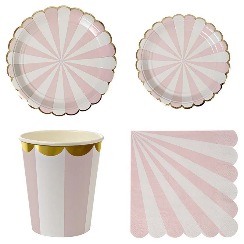 

Lovely Stripe Disposable Paper Plates Cups Napkins Straw Kids Party Tableware Sets Kids Birthday Bridal Shower Girls Day Decor