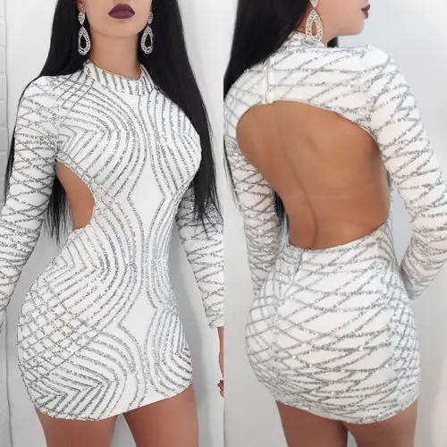 

Full Sleeve Backless Sexy Ladies Dresses Women Lady Sexy Sequins Bodycon Mini Dress Party Glitter Clubwear Dress
