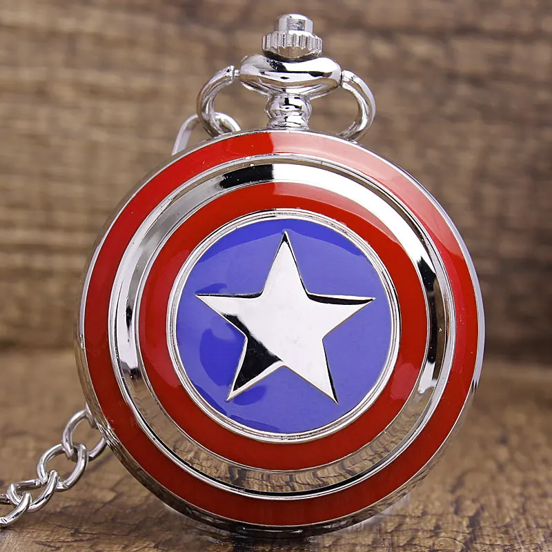 

Captain America Shield Quartz Pocket Watch Necklace For Women Men Star Silver Case Flip Fob Chain Clock Pendant Children Clock