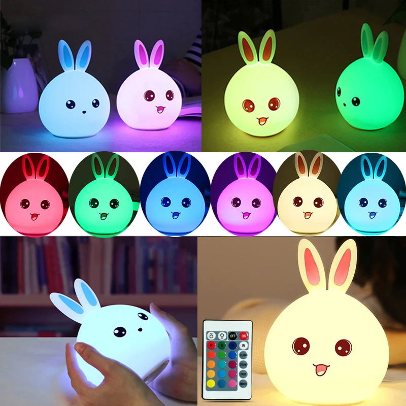 

Rechargeable USB Lovely Rabbit Multicolor Silicone Touch Sensor/Remote Control Night Light For Children Baby Kids Bedside Lamp
