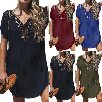 

New Plus Size Solid Color Lace Stitching V Neck Women Swimwear Bikini Cover Up Dress