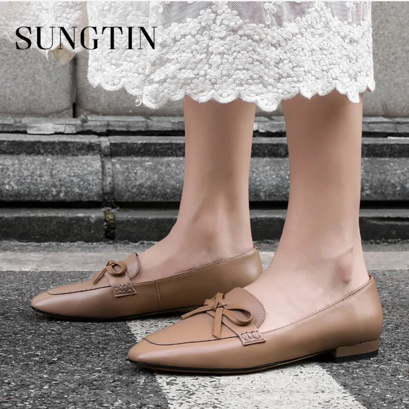 

Sungtin Autumn Genuine Leather Square Toe Ballet Flats Women Solid Slip-on Flat Shoes Ladies Comfortable Soft Soled Casual Shoes