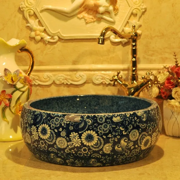 Por Flower Vessel Sink Lots From Artistic Painting Flowers Porcelain Art Countertop Washnasin Ceramic Blue Bathroom Vessel Sinks Vanities China
