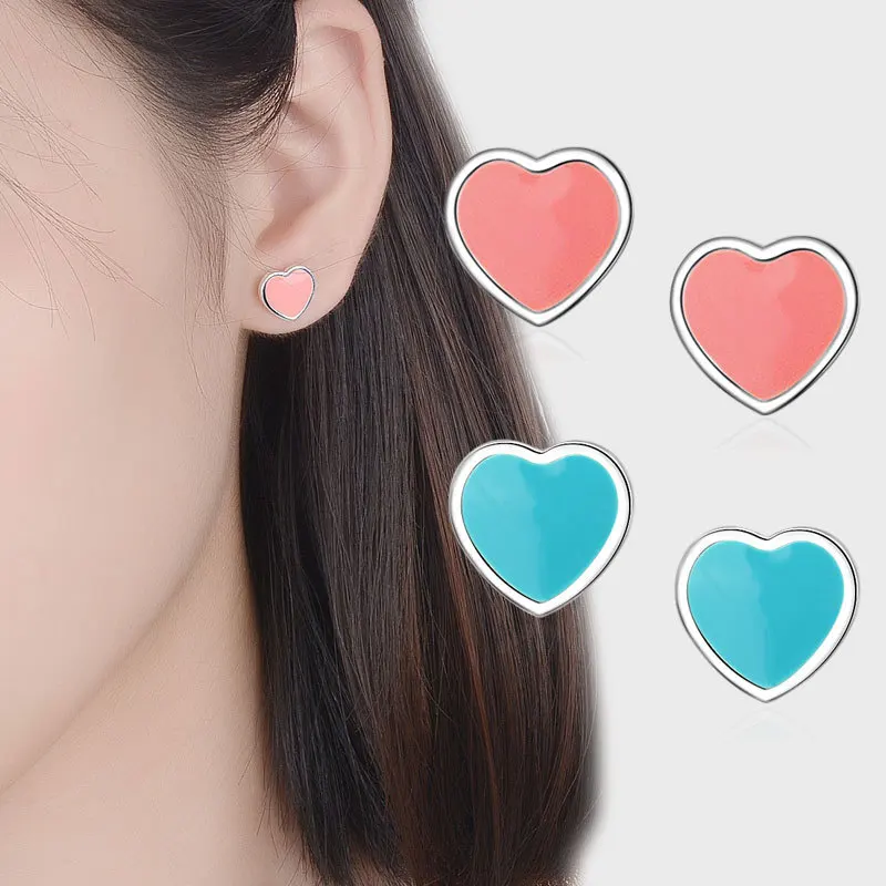 CHUKUI Popular Silver Heart Earring Fashion Cute Tiny Pink Blue Enamel