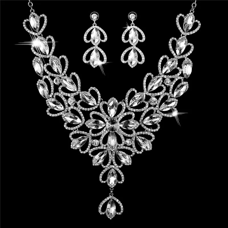 

KLEEDER Luxury Crystal Flower Heart Jewelry Set Statement Necklace Bohemia Drop Earrings for Bridal Wedding Fashion JewelryGift
