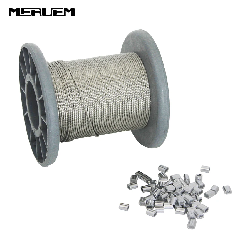 304 Stainless Steel 7x7 Wire Rope 50M/100M Softer Fishing Lifting Cable 0.5/0.6/0.8/1.0mm Diameter Included Aluminium Sleeves