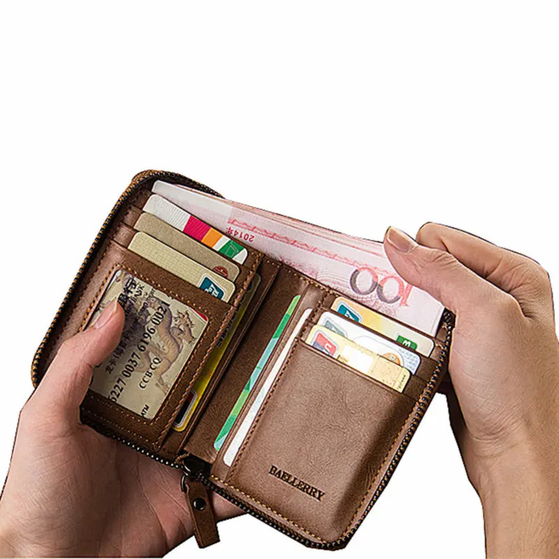 

High Quality Vintage Waterproof men magic leather wallet Creative Large Capacity short card purse zipper coin pocket money clip
