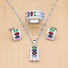 Ювелирные изделия из стерлингового серебра 925 пробы мистическое Радужное Циркон комплекты украшений для женщин Свадебные серьги/кулон/ожерелье/кольца T058
