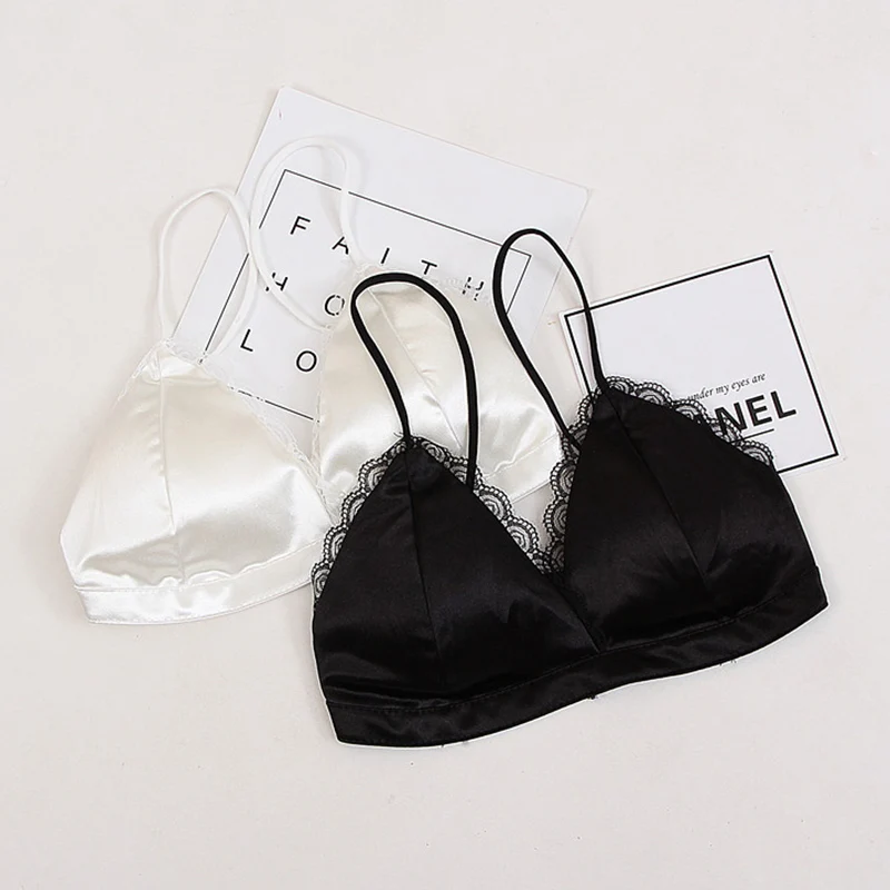 Women Bra Soft White Silk Bralette Comfortable Wireless Ladies Bra Triangle Lace Bralette