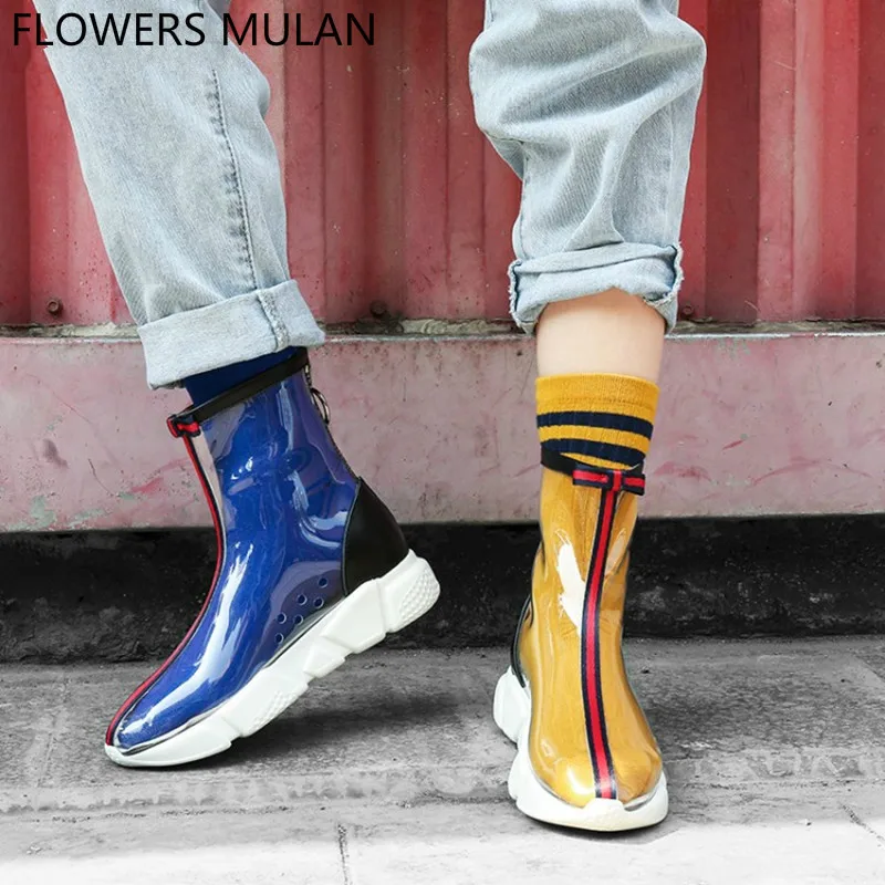 

New Designers Famous Brand Transparent PVC Upper Boots Round Toe Back Zip Front Riband Bowtie Fashion Girl Shoes Sapatos feminin