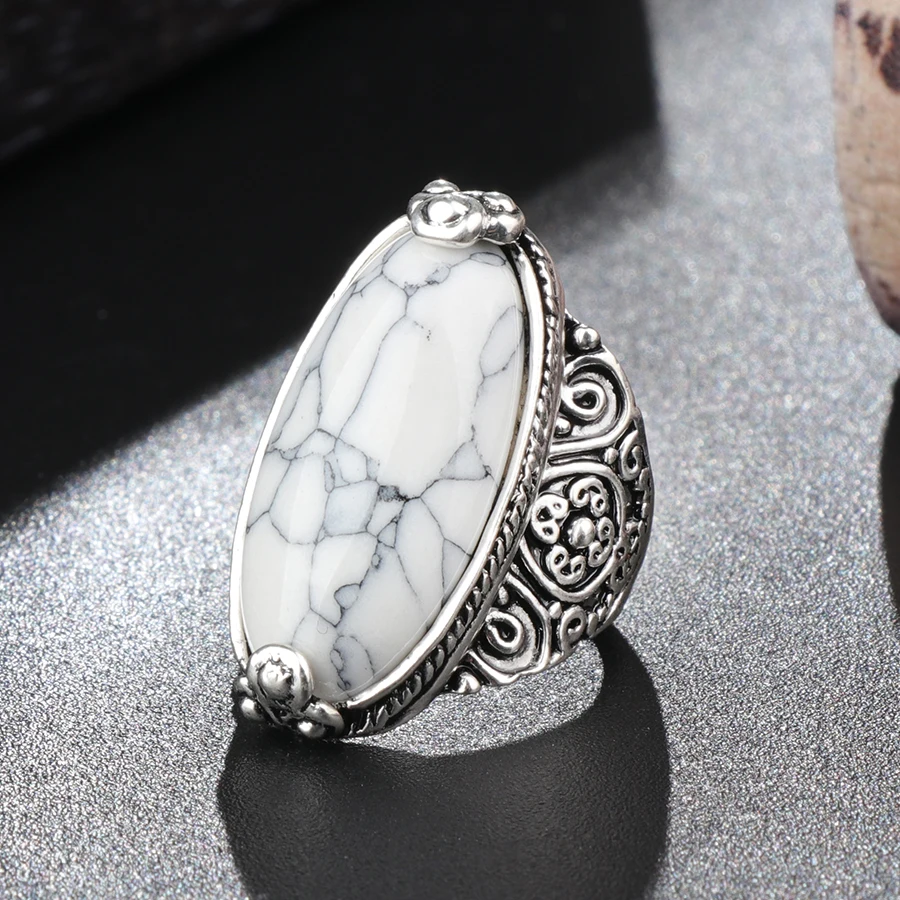 Kinel цветок группа Овальный натуральный камень кольца для женщин Винтаж вид античное серебро 5 цветов модные ретро ювелирные изделия