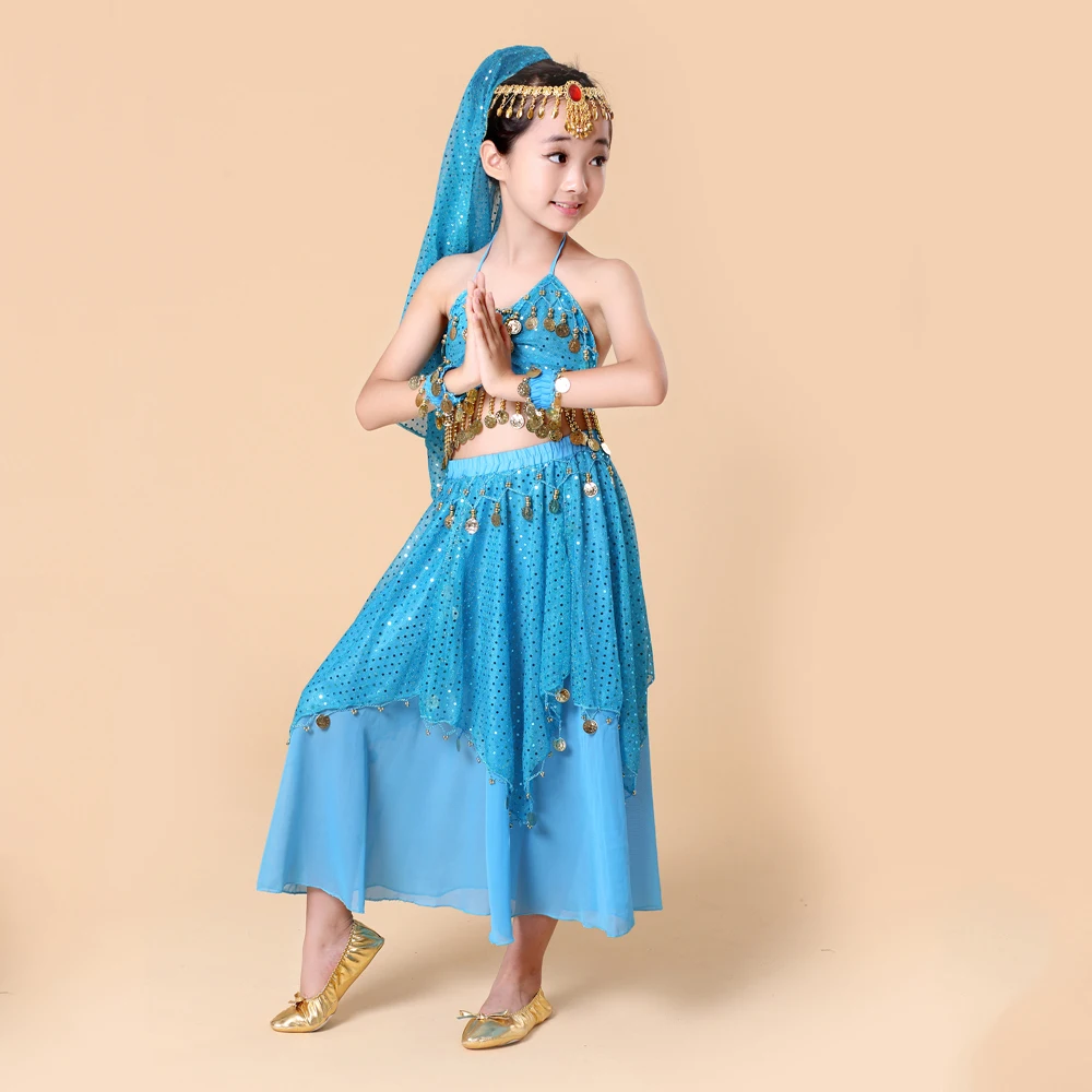 2018 Дети танец живота 4 шт./компл. (топ + юбка + браслет + головной убор) Индийская танцевальная одежда для девочек танец живота костюм Болливуд