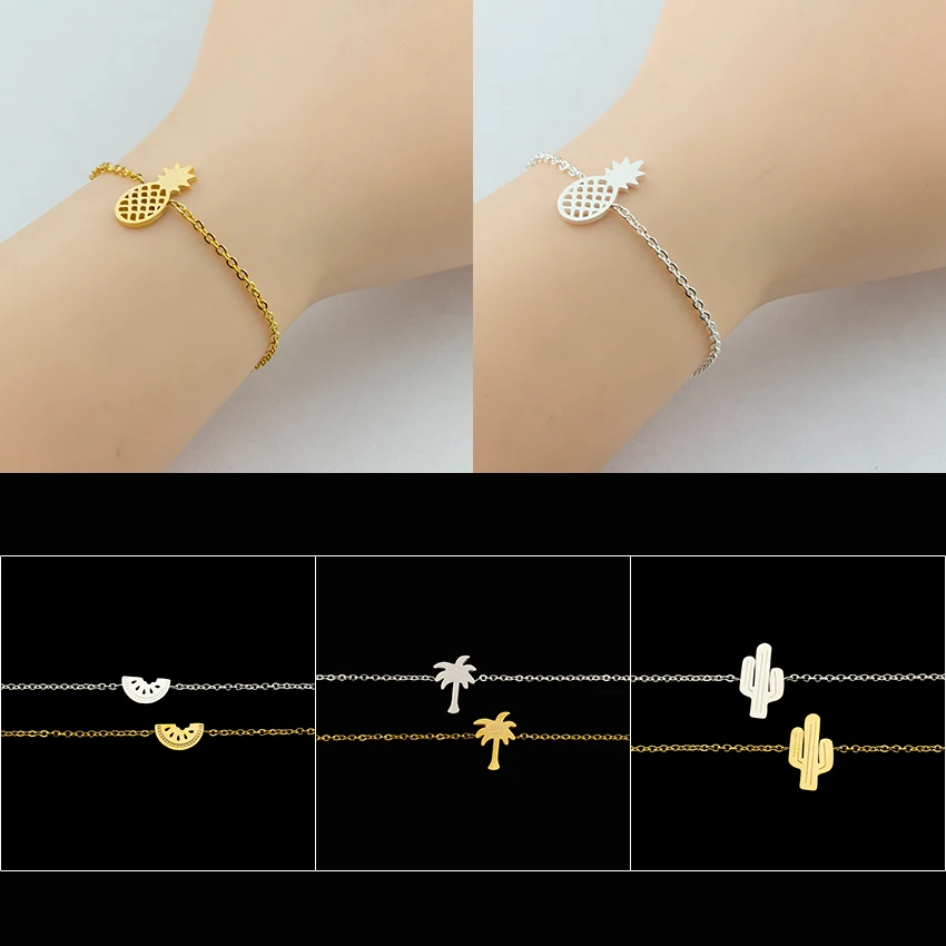 

Hot Summer Bohemia Style Jewelry Stainless Steel Cactus Pineapple Watermelon Palm Tree Bracelet For Women Gold Color Best Gift