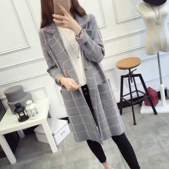 

Autumn Fashion Turn-down Collar Sweater Cardigans For Women Elegant Plaid Pocket Knitted Gary Knitwear Sweaters Outfit Jackets