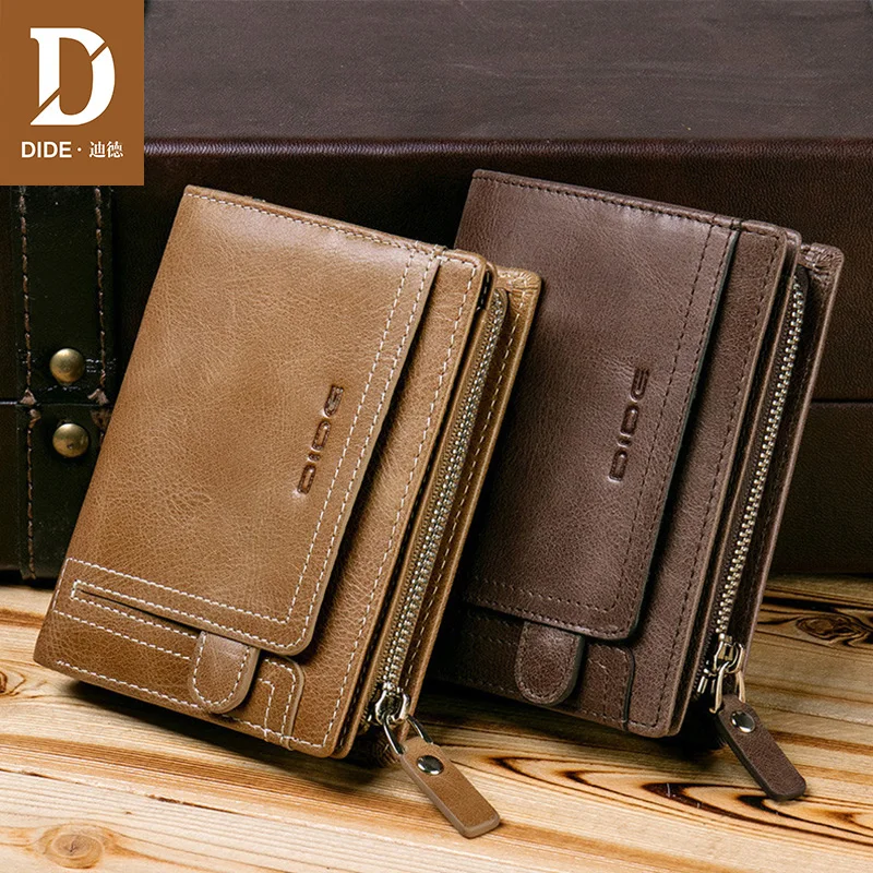 DIDE Mens Wallet Leather Genuine With Coin Pocket Vintage Male wallets Small Zipper Purse Short ...