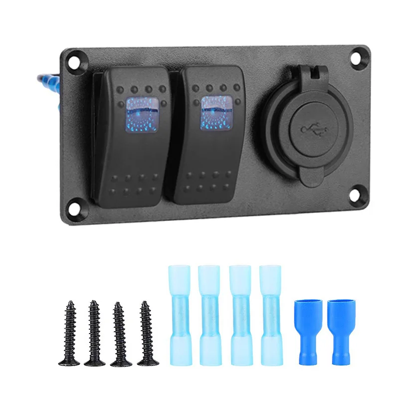 

2 Gang Rocker Switch Panel Breaker with LED 3.1A Dual USB Port for 12V-24V Cars Caravans RV Boats Truck Vehicles Blue