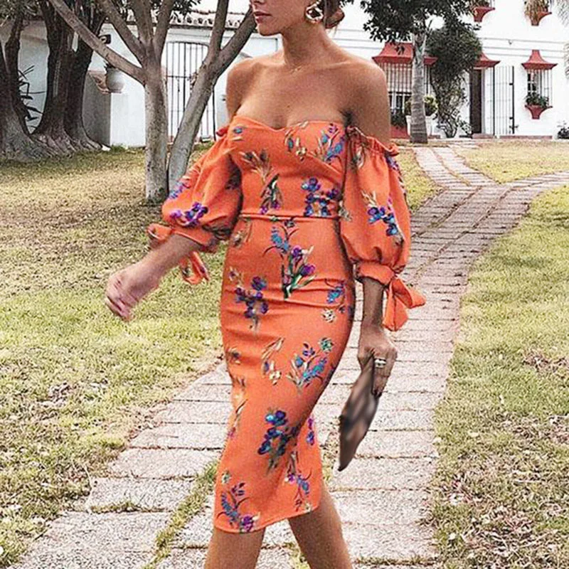 

Womens Off Shoulder Floral Dress Ladies Summer Beach Holiday Bodycon Sun Dress