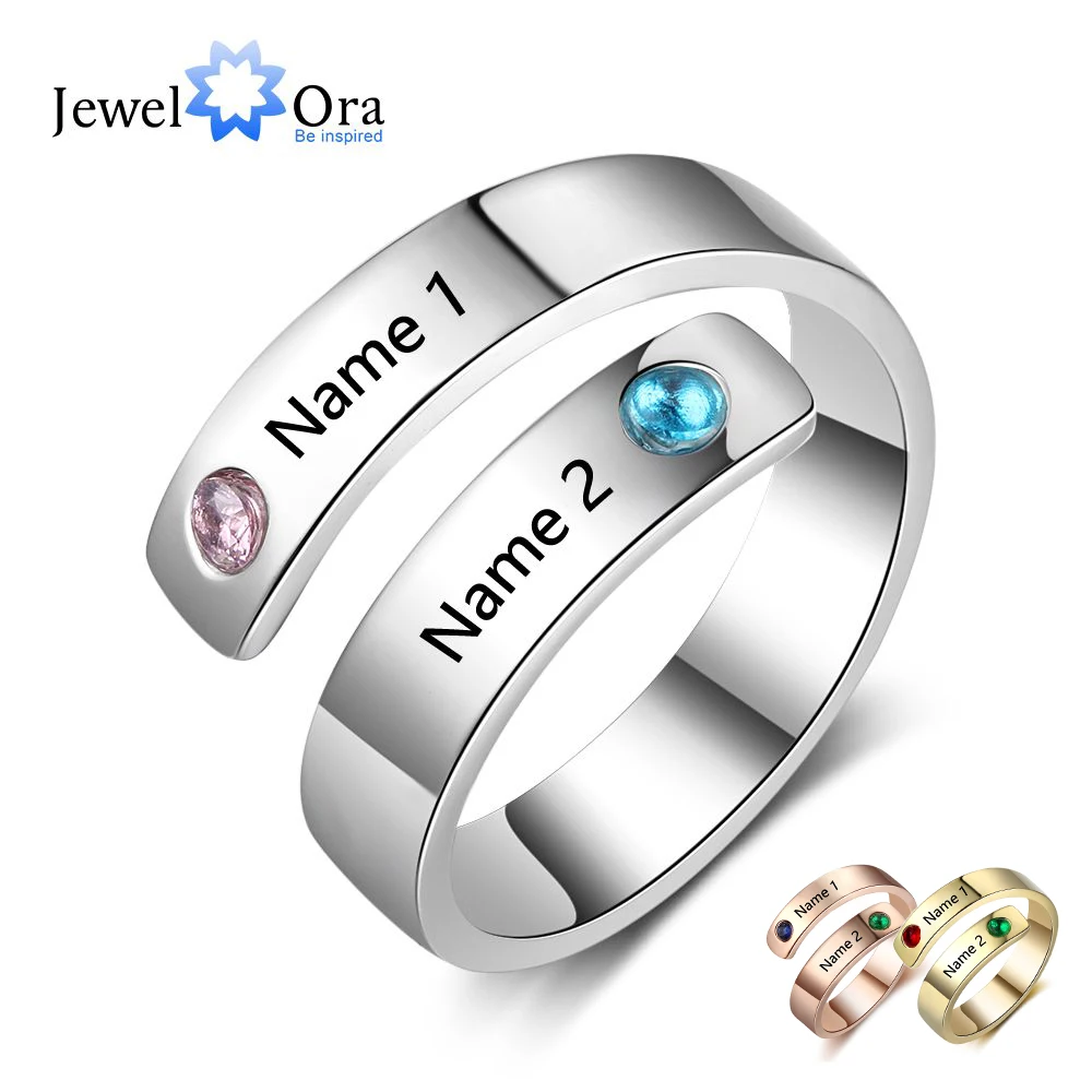 Personalized Custom Name Ring with 2 Birthstones Engraved Jewelry
