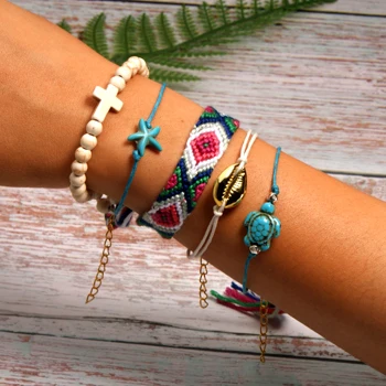 MOON GIRL 5 Pieces Puka Shell Bracelet Set Turtle Starfish Cross Beads Boho Weave Bracelet for Women Friendship Jewelry Dropship - Metal Color: 19