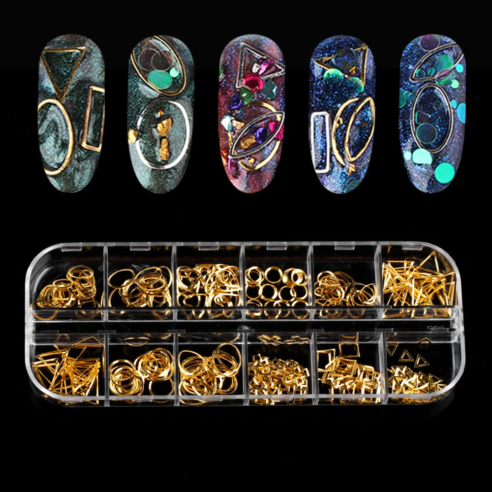 1 коробка золотой смешанный полый дизайн ногтей 3D украшения металлическая рамка украшения для ногтей заклепки круглые квадратные капли для маникюра гвозди камень