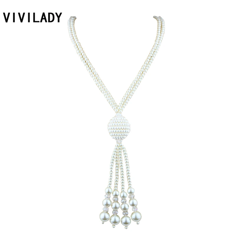 

VIVILADY Hot New White Crystal Faux Pearls Beads Pendants Long Tassel Layers Necklaces Women Sweater Chain Bijoux Accessory Gift