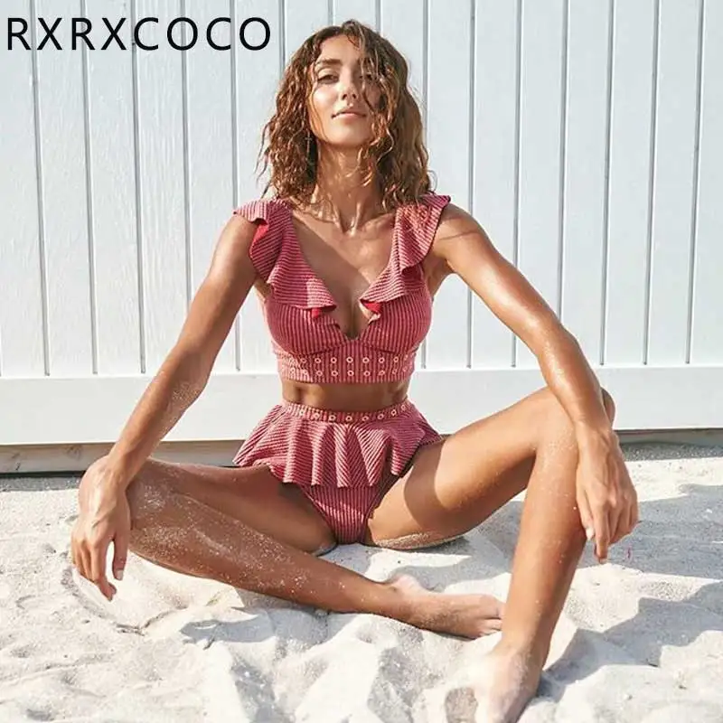 Promo  new design ruffle high waist bikini set push up bikini 2019 sexy women solid swimsuit summer beach 