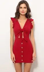 Vestidos mujer 2018 новые летние модные женские туфли пикантные V шеи Bodycon Мини-платья Ruflles плечо узел и пуговицы Red Club платье ZC2744